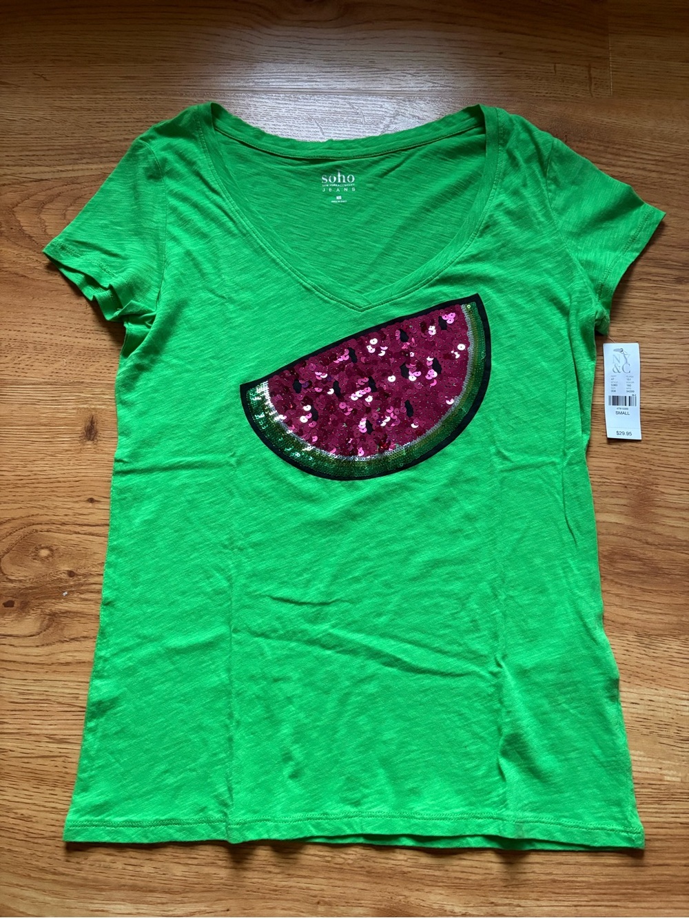 New York & Company Bright Green V-Neck Sequin Watermelon Tee S NWT
